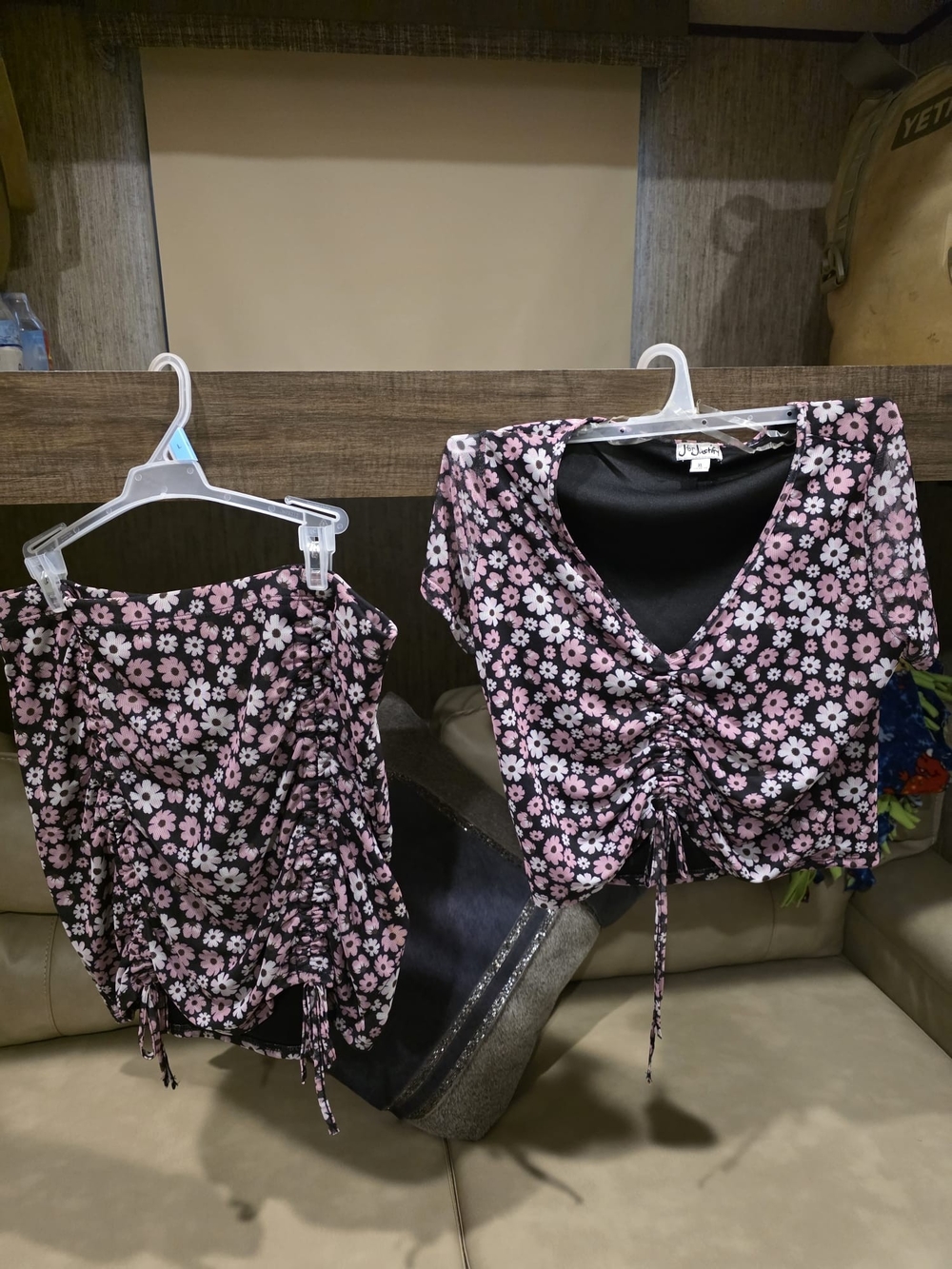 J for Justify Black Crop Top and Skirt Set with Pink Floral Print